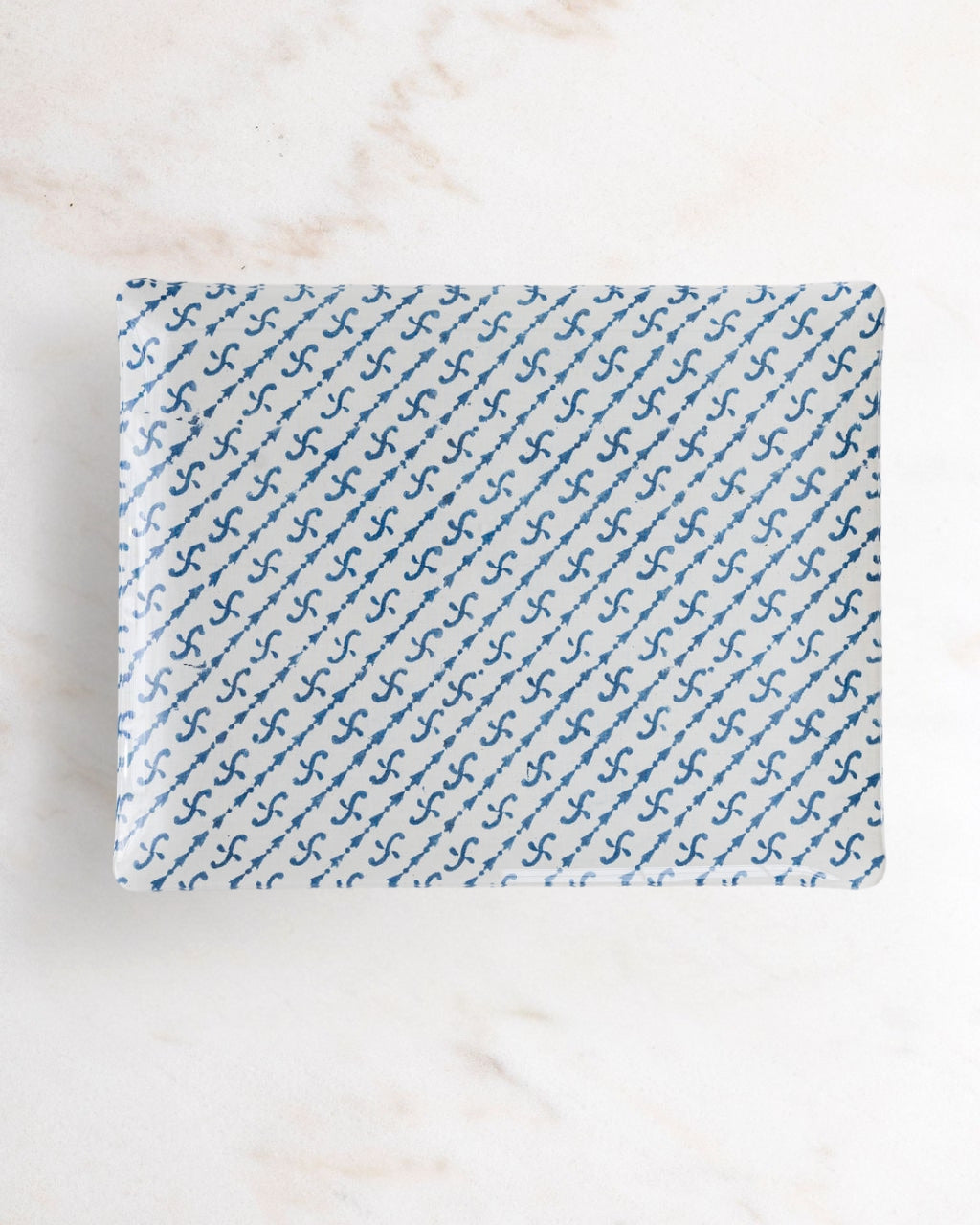 
                  
                    Brooks rectangular blue and white tray  on a marble surface
                  
                