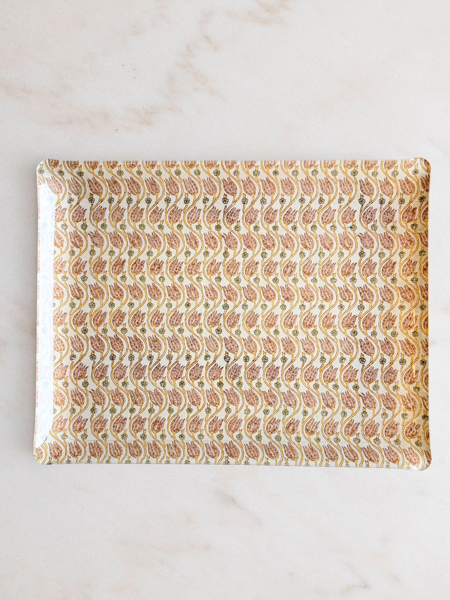 Acrylic tray in French Provençal fabric of golds and pinks. Wipes clean. (swatch)