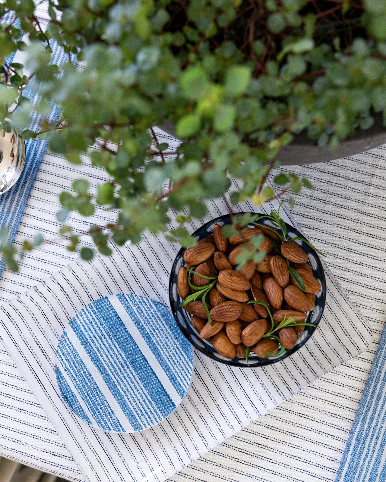 
                  
                    Blue and white striped coaster from the Proper Table x Nathan Turner collaboration next to a bowl of almonds.
                  
                
