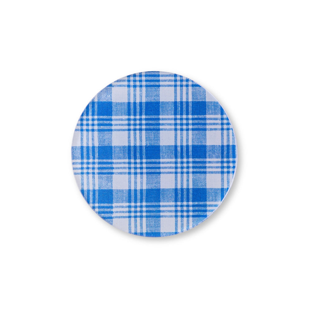 Round blue and white plaid coaster.