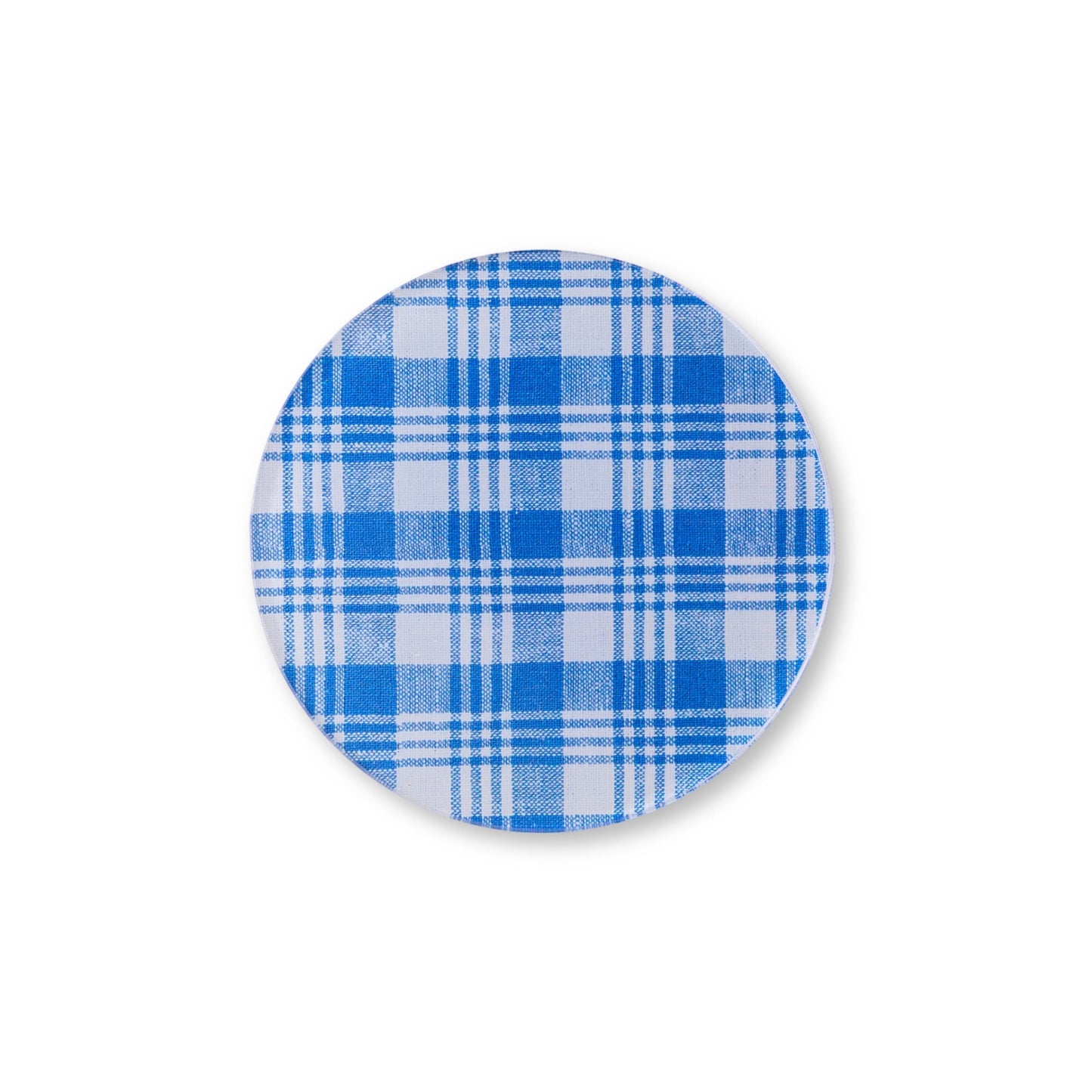 Round blue and white plaid coaster.