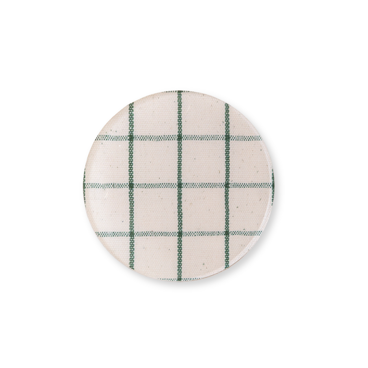 Round acrylic coaster with green check pattern on a white background.