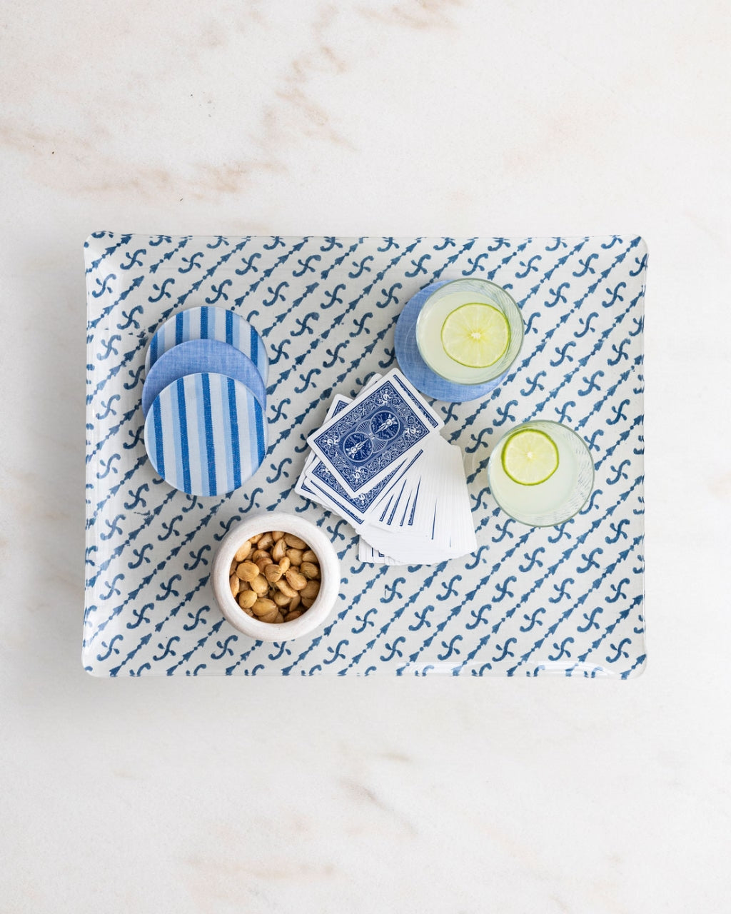 
                  
                    Brooks tray with blue and white block print pattern. Brooks tray is acrylic and perfect for cocktails, snacks and playing cards. 
                  
                