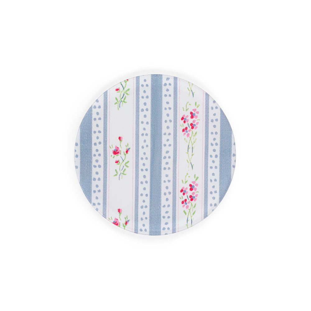 
                  
                    Linen-printed circular acrylic coaster in vintage gray and floral stripe fabric.
                  
                