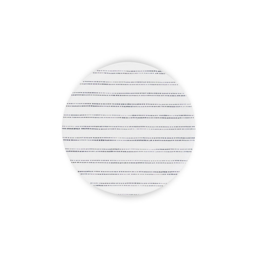 Linen-printed circular acrylic coaster in classic black and white ticking fabric.