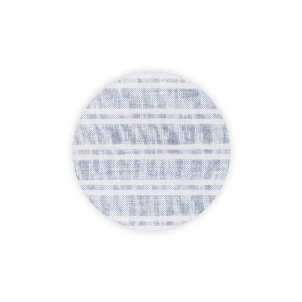 Linen-printed acrylic circular coaster in neutral gray and white stripe fabric.