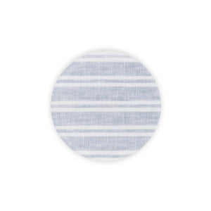 
                  
                    Linen-printed acrylic circular coaster in neutral gray and white stripe fabric.
                  
                
